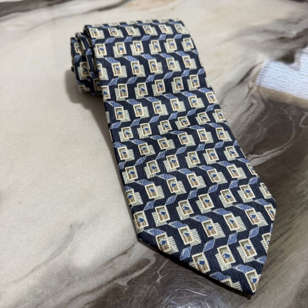 Geoffrey Beene 100% Silk Tie Navy Blue Tan Geometric Block Pattern Necktie